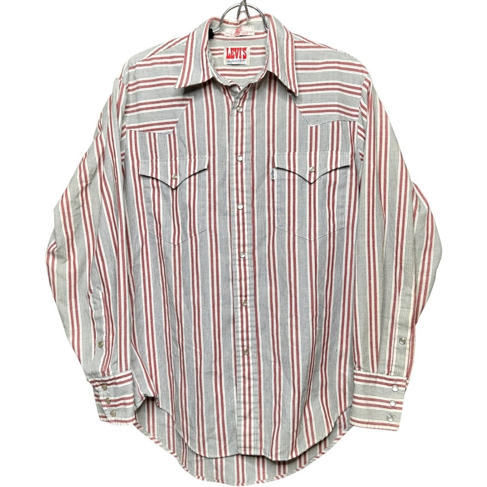 Vintage Levis The Cowboys Tailor Pearl Snap Western Shirt Striped Red White Blue